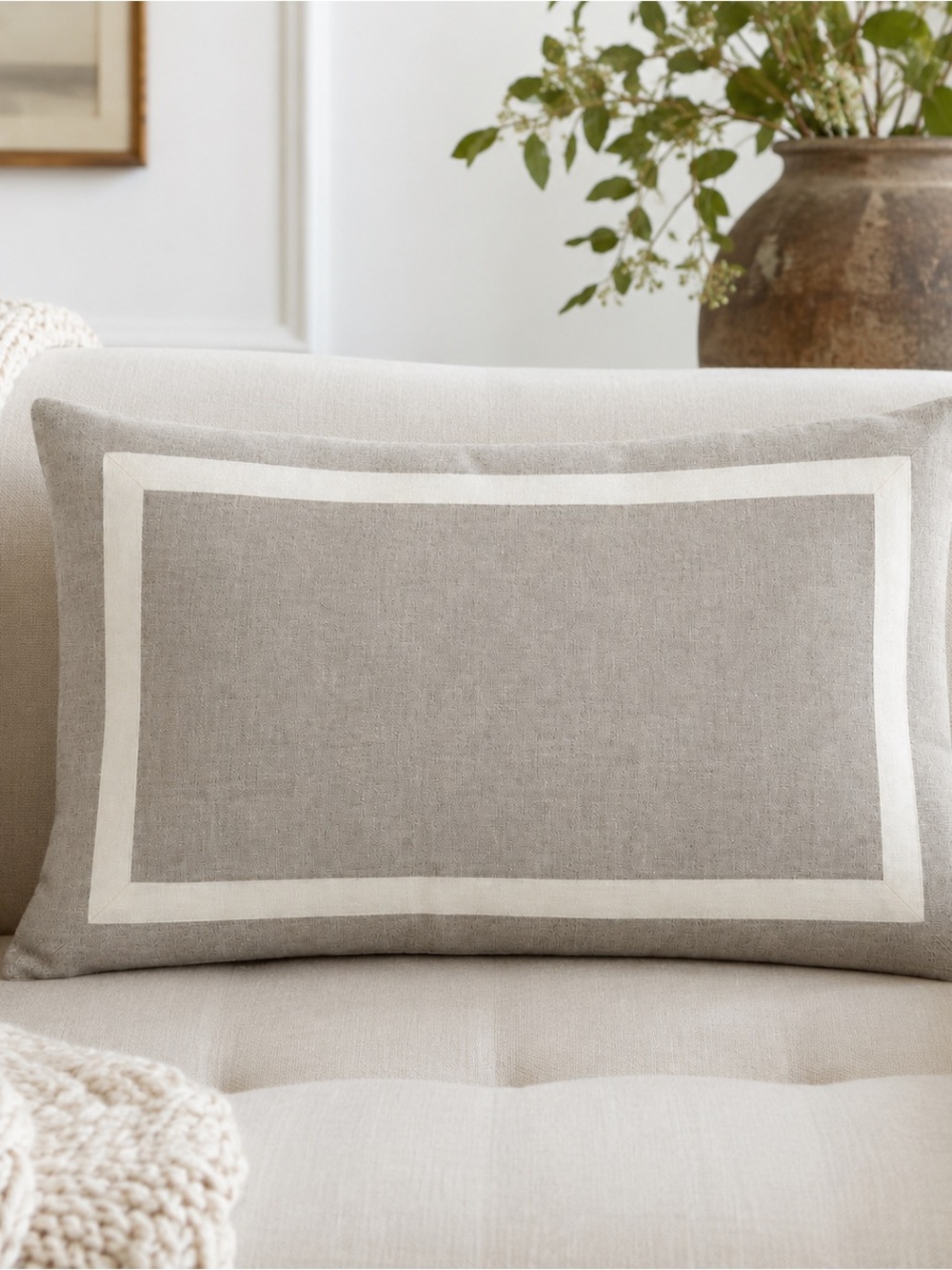 Pottery Barn Linen Lumbar Pillow Cover ~ 26” X 16” Flax Beige & White